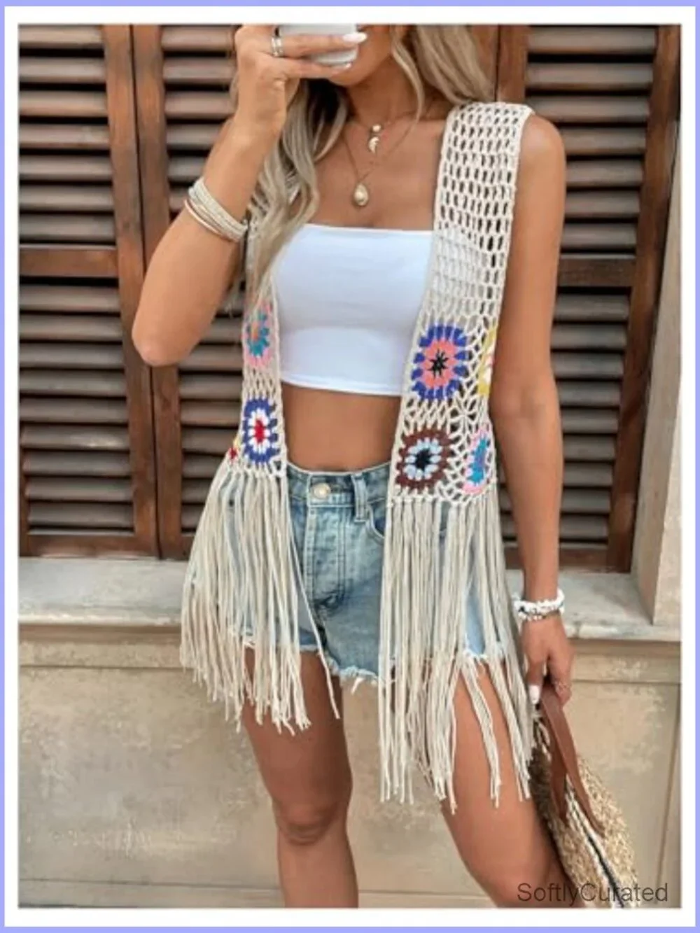 Fringe Vest Embroidered Crochet Tassel Cardigan Cowboy Western Hippie Top - Picture 4 of 5